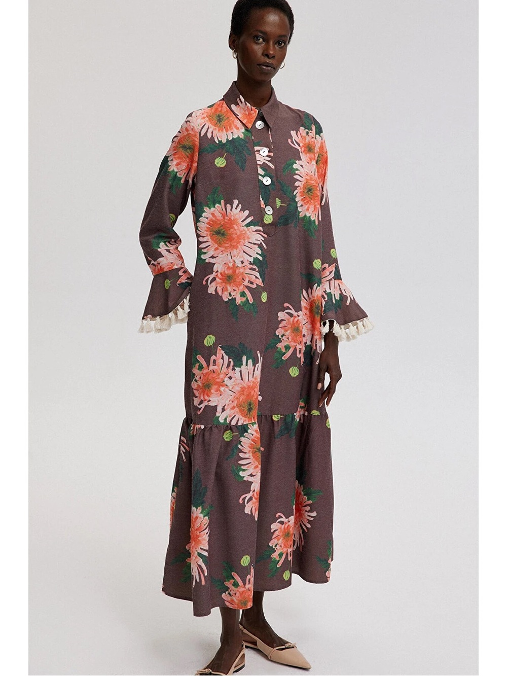 TOUCHE Floral Button-Front Maxi Dress in Brown & Coral